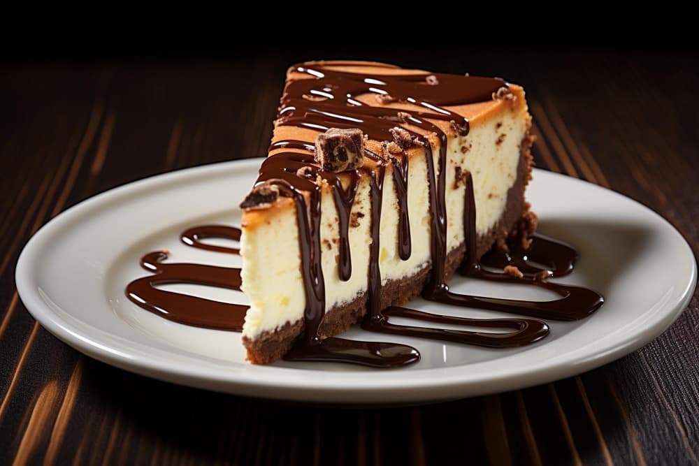 Chocolate-drizzled cheesecake slice served on a plate