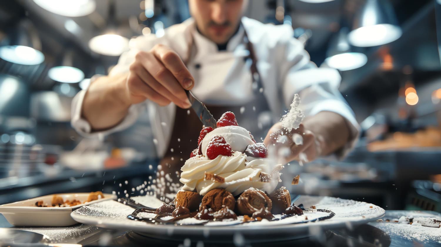 Chef finishing a plated dessert under warm lounge lighting