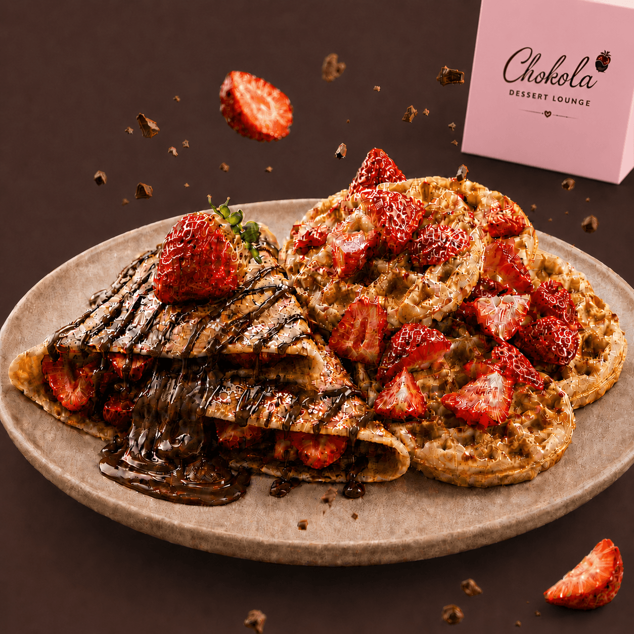 Crepe and waffle dessert with chocolate and fresh toppings
