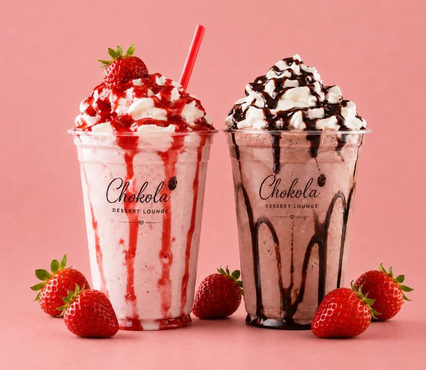 Two Chokola milkshakes, strawberry and chocolate, with fresh strawberries