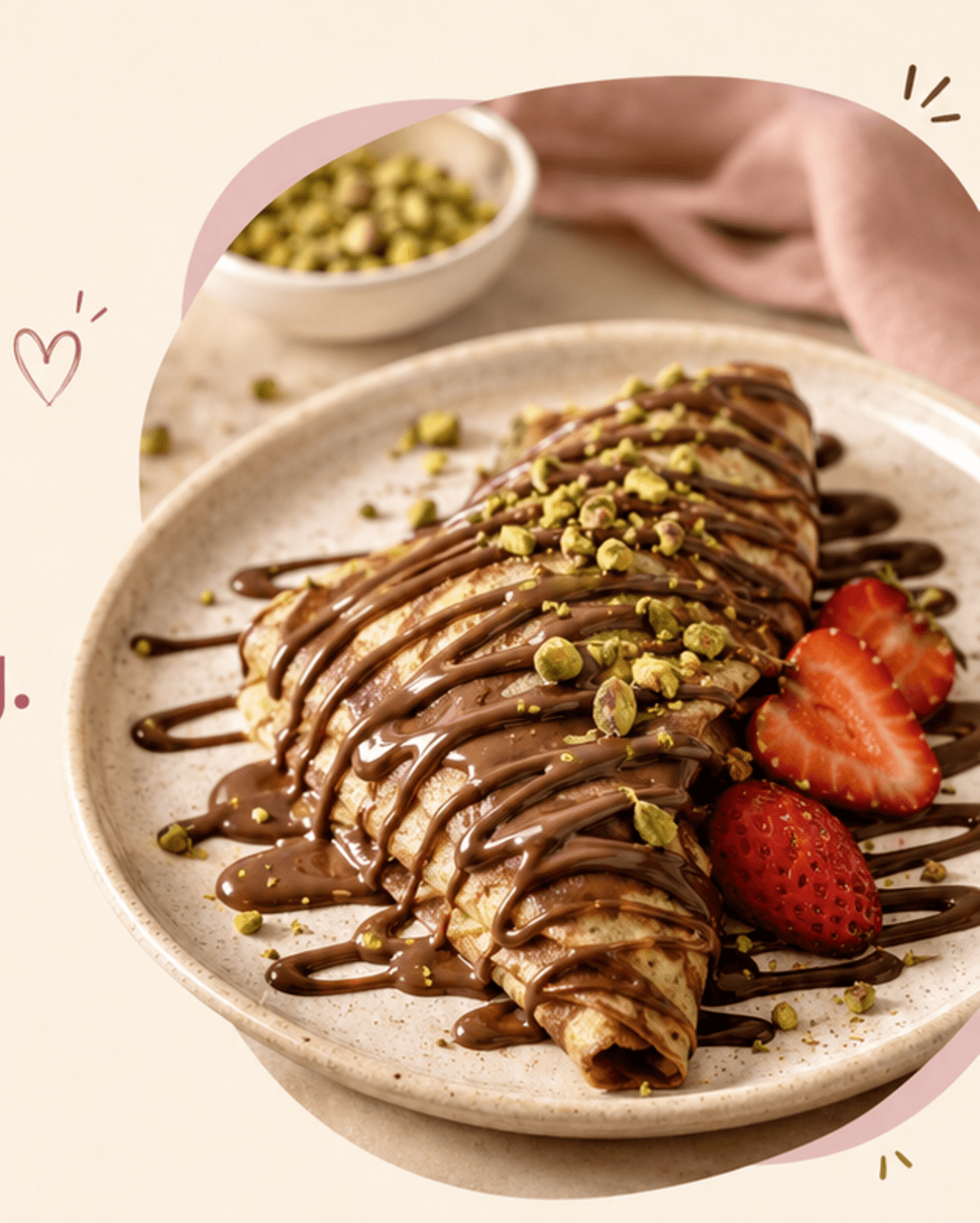 Pistachio chocolate crepe on a speckled plate with strawberries