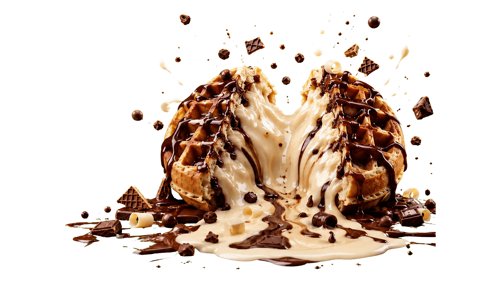 Chocolate and cream waffle dessert with chocolate pieces